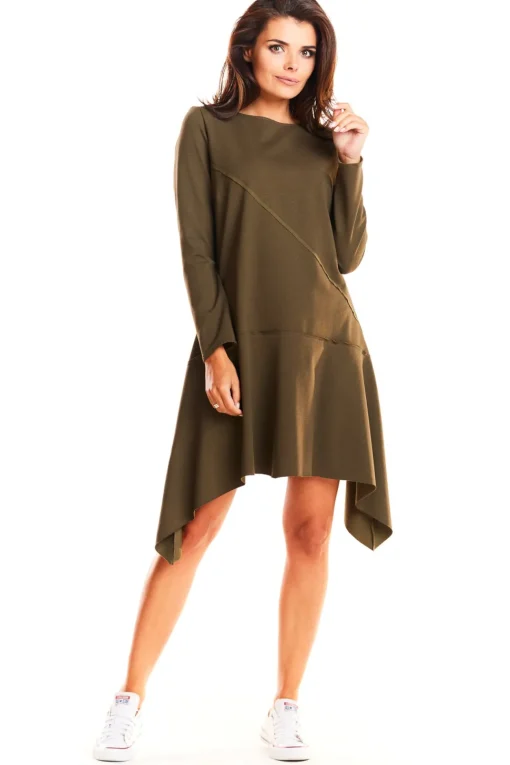 Asymetryczna sukienka rozkloszowana - khaki
