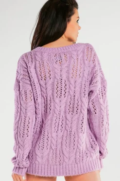 Ażurowy sweter oversize - fioletowy