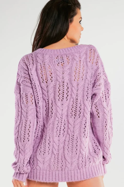 Ażurowy sweter oversize - fioletowy