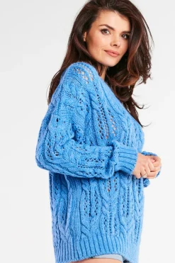 Ażurowy sweter oversize - niebieski