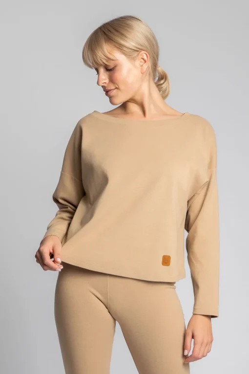 Bawełniana bluza z dzianiny prążkowanej - cappuccino