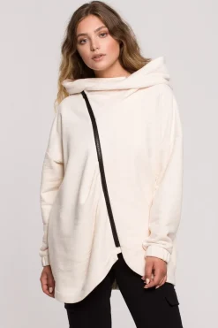 Bluza - tunika z kołnierzem i kapturem - waniliowa