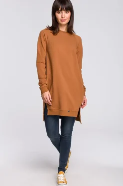 Bluza - tunika z rozcięciami po bokach i ściągaczem na dole - karmelowa