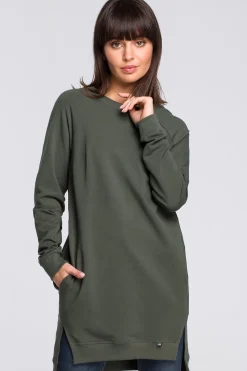 Bluza - tunika z rozcięciami po bokach i ściągaczem na dole - militarno-zielona