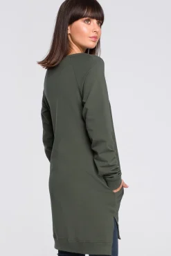 Bluza - tunika z rozcięciami po bokach i ściągaczem na dole - militarno-zielona