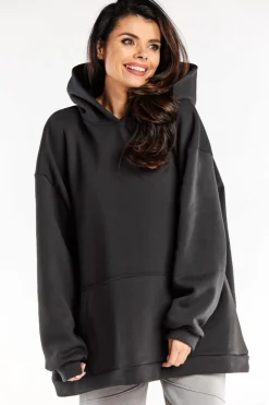Bluza damska oversize z kapturem - grafitowa