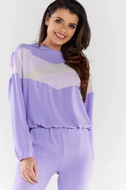 Bluza damska z kapturem - fioletowo-beżowa
