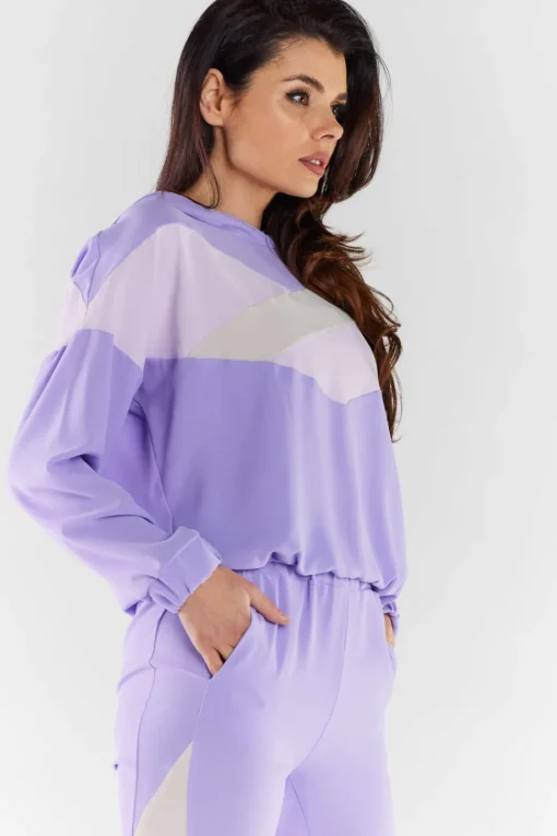 Bluza damska z kapturem - fioletowo-beżowa
