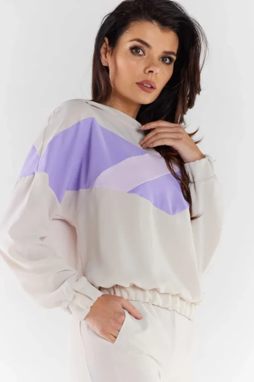 Bluza damska z kapturem - beżowo-fioletowa
