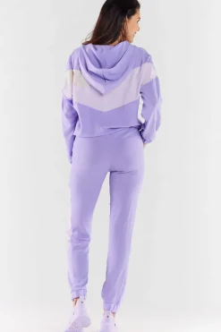 Bluza damska z kapturem - fioletowo-beżowa