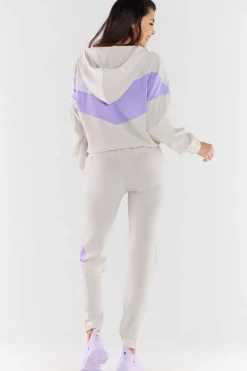 Bluza damska z kapturem - beżowo-fioletowa