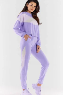 Bluza damska z kapturem - fioletowo-beżowa