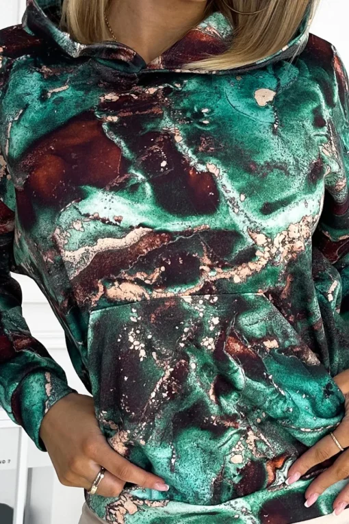 Bluza kangurka z kapturem - turkusowo-brązowy marmur