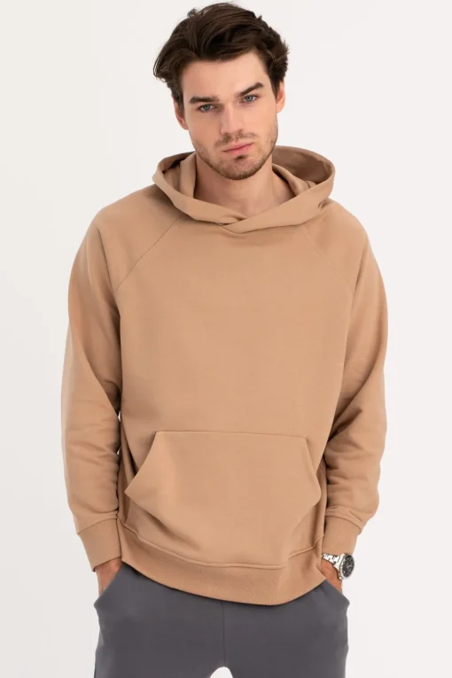 Bluza męska z kapturem i kieszenią kangurek - orzechowa