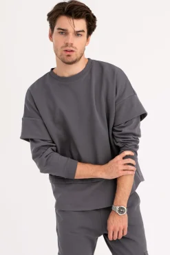 Bluza męska z warstwowymi rękawami - antracytowa