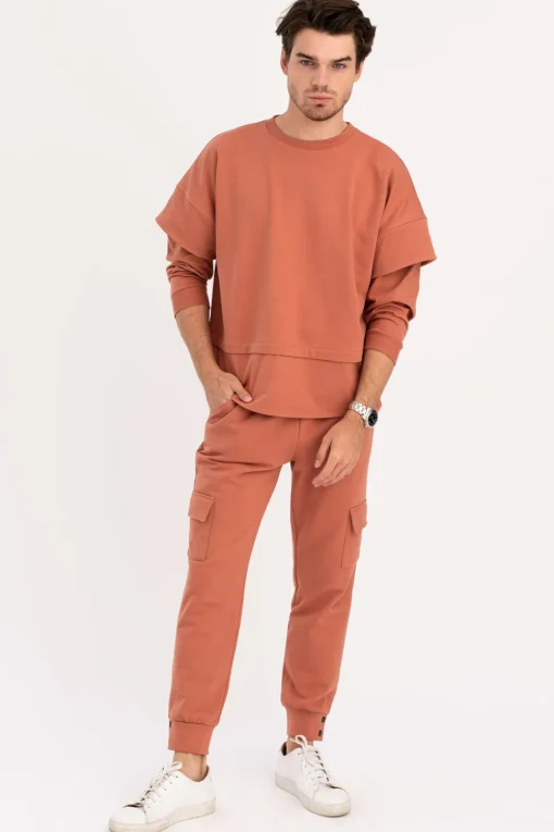 Bluza męska z warstwowymi rękawami - ceglasta