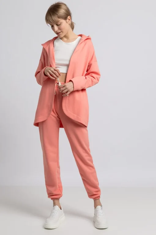 Bluza z kapturem bez zapięcia - koralowa