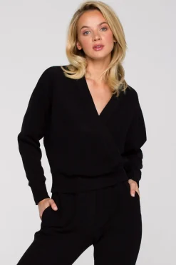 Bluza z kopertowym dekoltem - czarna