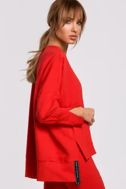 Bluza z rozcięciami na bokach i lampasem - czerwona