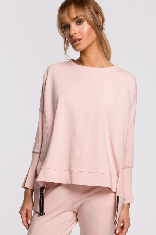 Bluza z rozcięciami na bokach i lampasem - cukierkowo-różowa