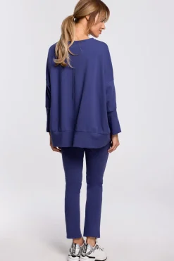 Bluza z rozcięciami na bokach i lampasem - indygo