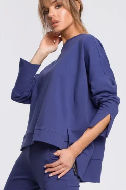 Bluza z rozcięciami na bokach i lampasem - indygo