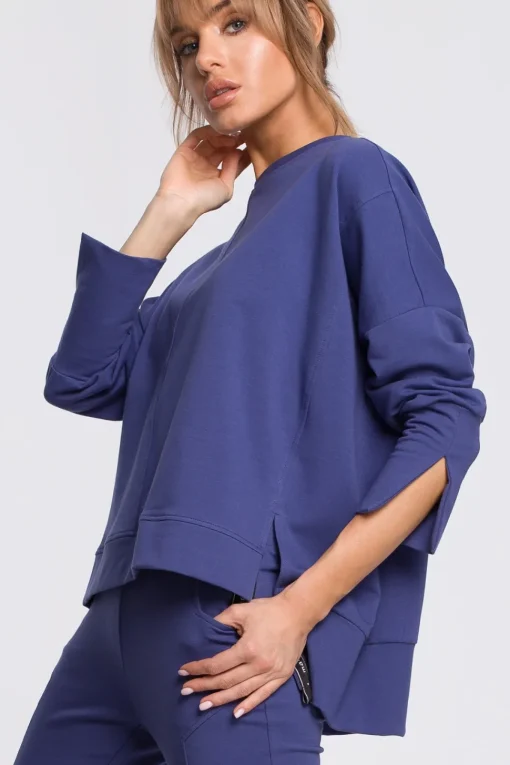 Bluza z rozcięciami na bokach i lampasem - indygo