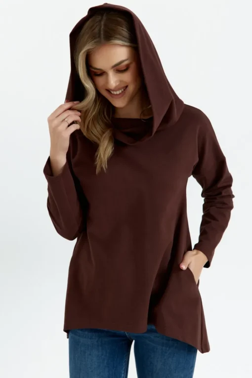 Bluza z szerokim kołnierzem i kapturem - brązowa