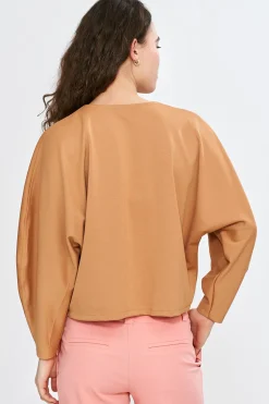 Bluzka oversize z dekoltem V - karmelowa