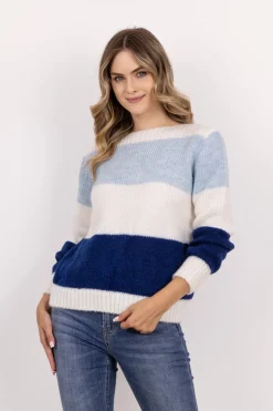 Ciepły sweter w szerokie pasy - błękitny-kobalt