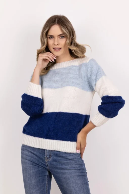 Ciepły sweter w szerokie pasy - błękitny-kobalt