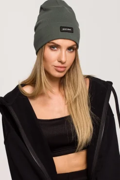 Czapka beanie unisex z naszywką good vibes - militarno-zielona