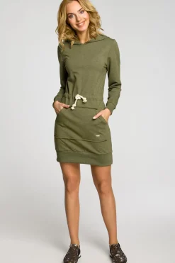 Dresowa sukienka kangurka z kapturem - khaki