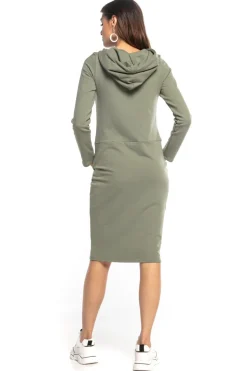 Dresowa sukienka midi z kapturem - khaki