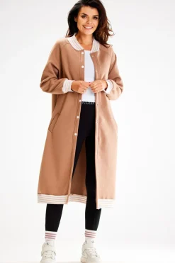 Długa bluza typu parka ze stójką - beżowa