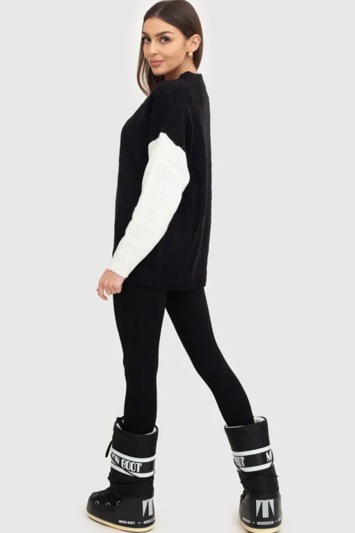 Dwukolorowy sweter z dekoltem V - czarny