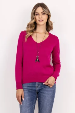 Dzianinowy sweter z dekoltem w serek - amarantowy