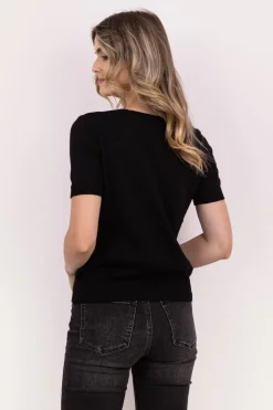 Dzianinowy t-shirt z dekoltem V - czarny