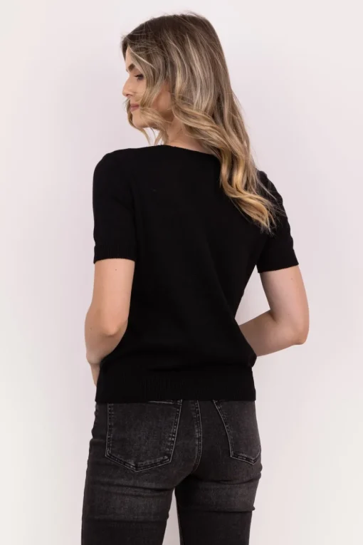 Dzianinowy t-shirt z dekoltem V - czarny