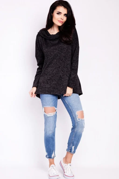 Elegancka bluza damska z kapturem - grafitowa