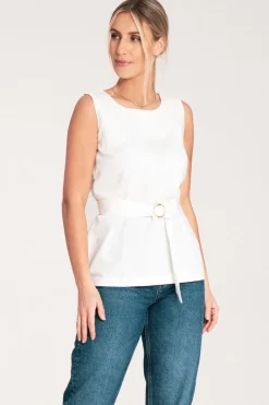 Elegancka bluzka z paskiem w talii - ecru
