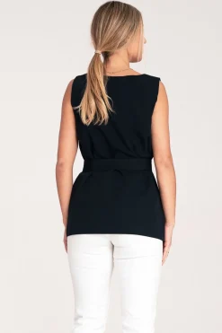 Elegancka bluzka z paskiem w talii - granatowa