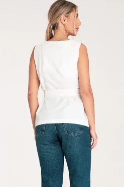 Elegancka bluzka z paskiem w talii - ecru