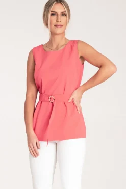 Elegancka bluzka z paskiem w talii - koralowa