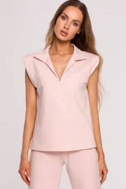 Elegancka bluzka z poduszkami na ramionach - cukierkowo-różowa