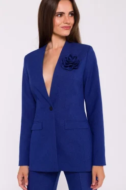 Elegancka marynarka damska bez kołnierza - niebieska