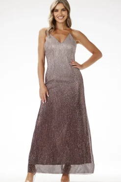 Elegancka sukienka cekinowa maxi na ramiączkach - brązowa