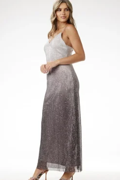 Elegancka sukienka cekinowa maxi na ramiączkach - srebrna