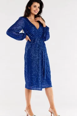 Elegancka sukienka cekinowa midi - niebieska