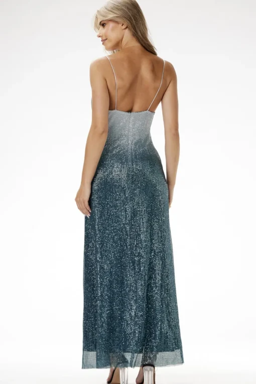 Elegancka sukienka cekinowa maxi na ramiączkach - zielona